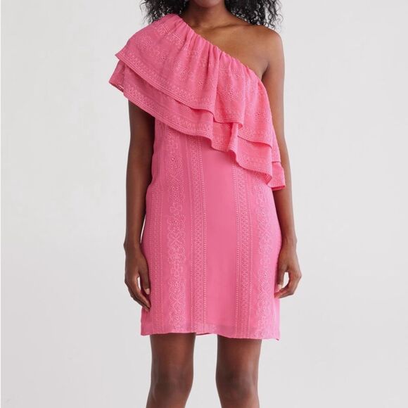 NWT Trina Turk Phebe embroidered one shoulder pink ruffle dress size XL - Picture 2 of 13